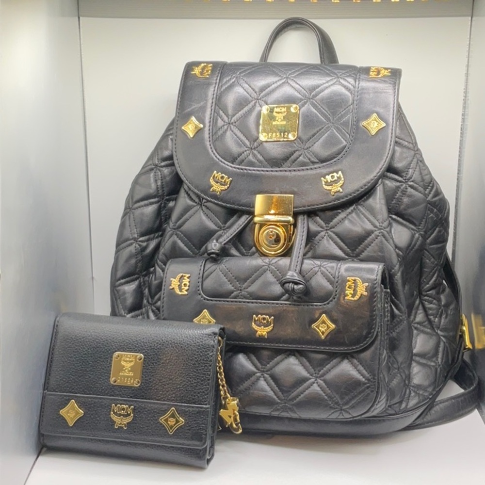 MCM Leather Quilted Black Mini Backpack w/ wallet. AUTHENTIC.